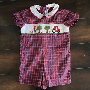 Vintage Silly Goose Red and Blue Plaid Baby RomperEmbroidered Farms Apple Scene